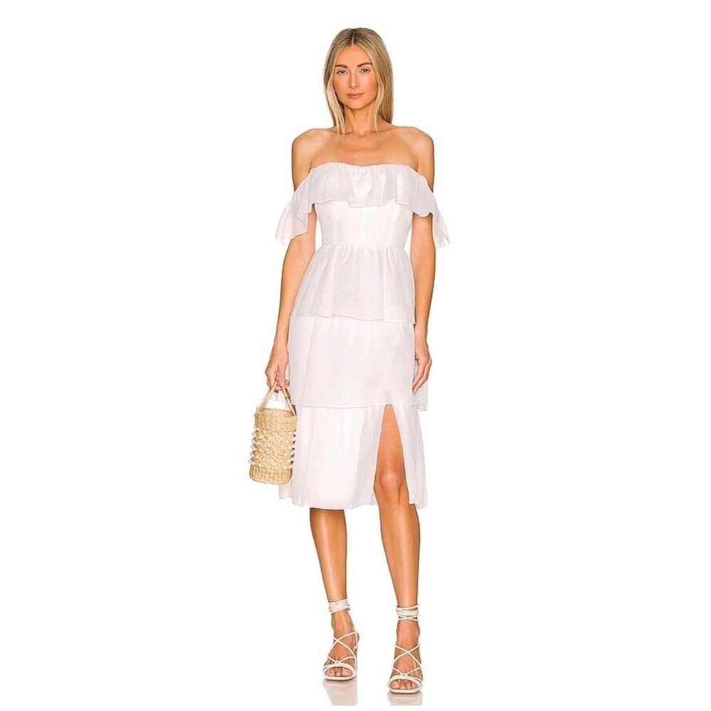 Amanda Uprichard Venezia Midi Dress White Off Shoulder Tulle Nylon M NWT $246